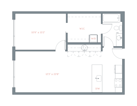 Floor plan for 1 bed, 1 bath, 780 sqft
